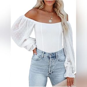 Sexy Off Shoulder Tops Long Sleeve Polka Dot Tops Cute Ribbed Square Neck Blouse